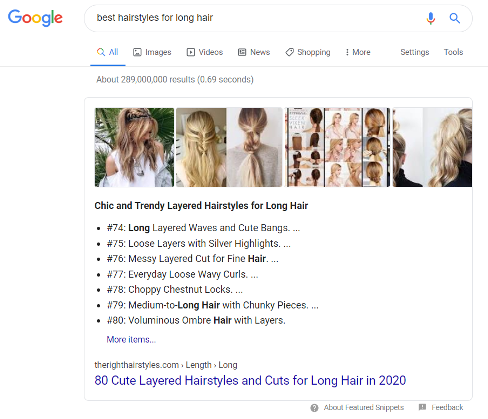 Featured snippet list for best hairstyles 