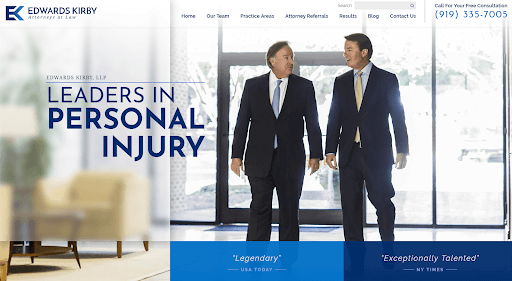 Homepage of the website for Edwards Kirby, LLP showing two male attorneys walking side-by-side, with the message, "Leaders in Personal Injury".