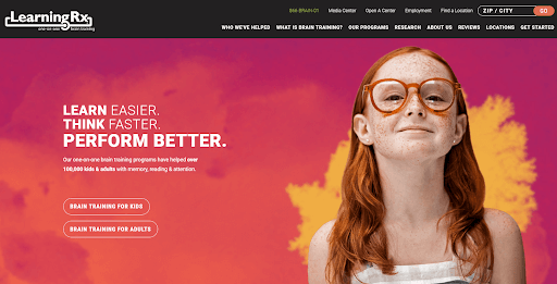 Homepage of the website for LearningRX showing a girl wearing glasses with a proud smile on her face. The homepage displays the words, "Learn Easier. Think Faster. PERFORM BETTER."