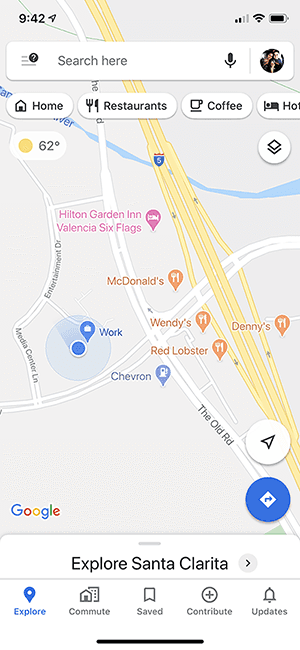 The Explore tab in the Google Maps mobile app showing nearby businesses