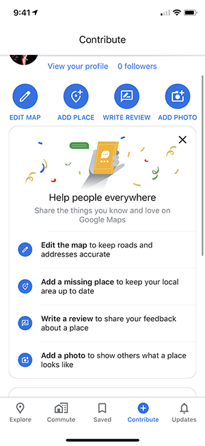 The Contribute tab in the Google Maps mobile app where users can make edits, write reviews, add photos, etc.