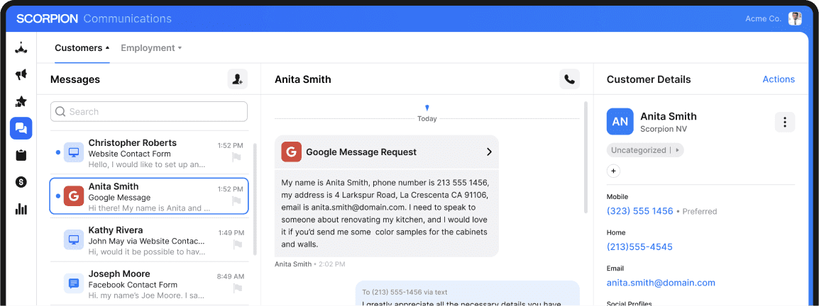 Image of text conversation in Scorpion's Communications Suite