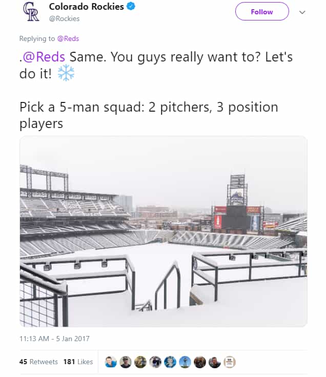 Rockies Twitter post - Snow Day, empty stadium filled with snow