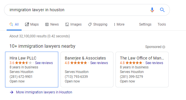 Three Local Services Ads (LSAs) appear at the top of a Google search engine results page in a search "immigration lawyer san diego".