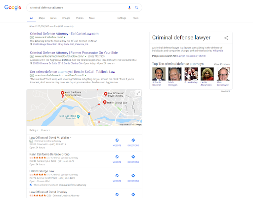 screenshot of Google search results for criminal defense attorney