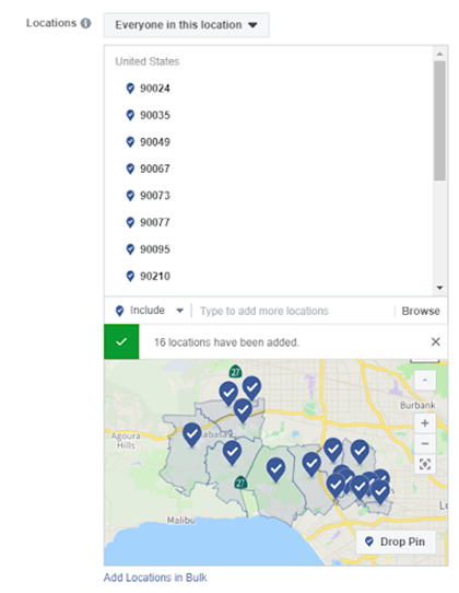 Image of a list of zip codes being used to target users in a Facebook ad campaign.