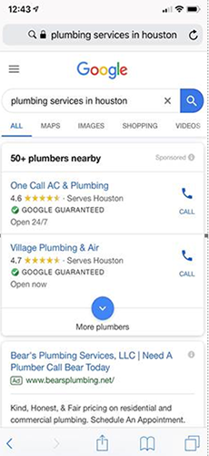Image of Google mobile search results for the term "plumbing services in Houston". Two Local Services Ads appear at the top of the results.