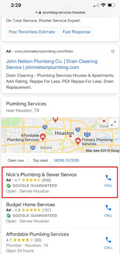 Two Local Services Ads (LSAs) appear at the top of the map section of mobile search results (in a search for "plumbing services houston").