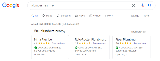 Google Local Services Ads that appear in a search for "plumber near me"