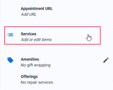example of services area available on GMB profile