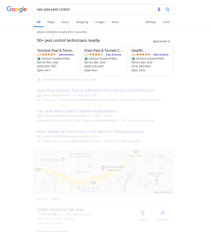A screenshot of a Google search query, "San Jose Pest Control".