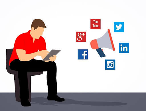 Animated graphic of man on tablet looking at social media platforms